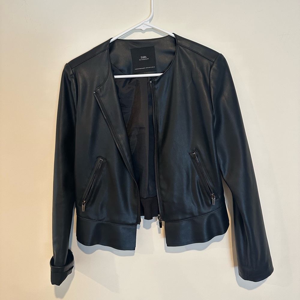 Zara outwear peplum flared black leather jacket